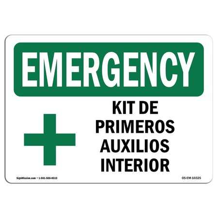 SIGNMISSION OSHA EMERGENCY Sign, First Aid Kit Inside Spanish, 24in X 18in Aluminum, 24" W, 18" H, Landscape OS-EM-A-1824-L-10325